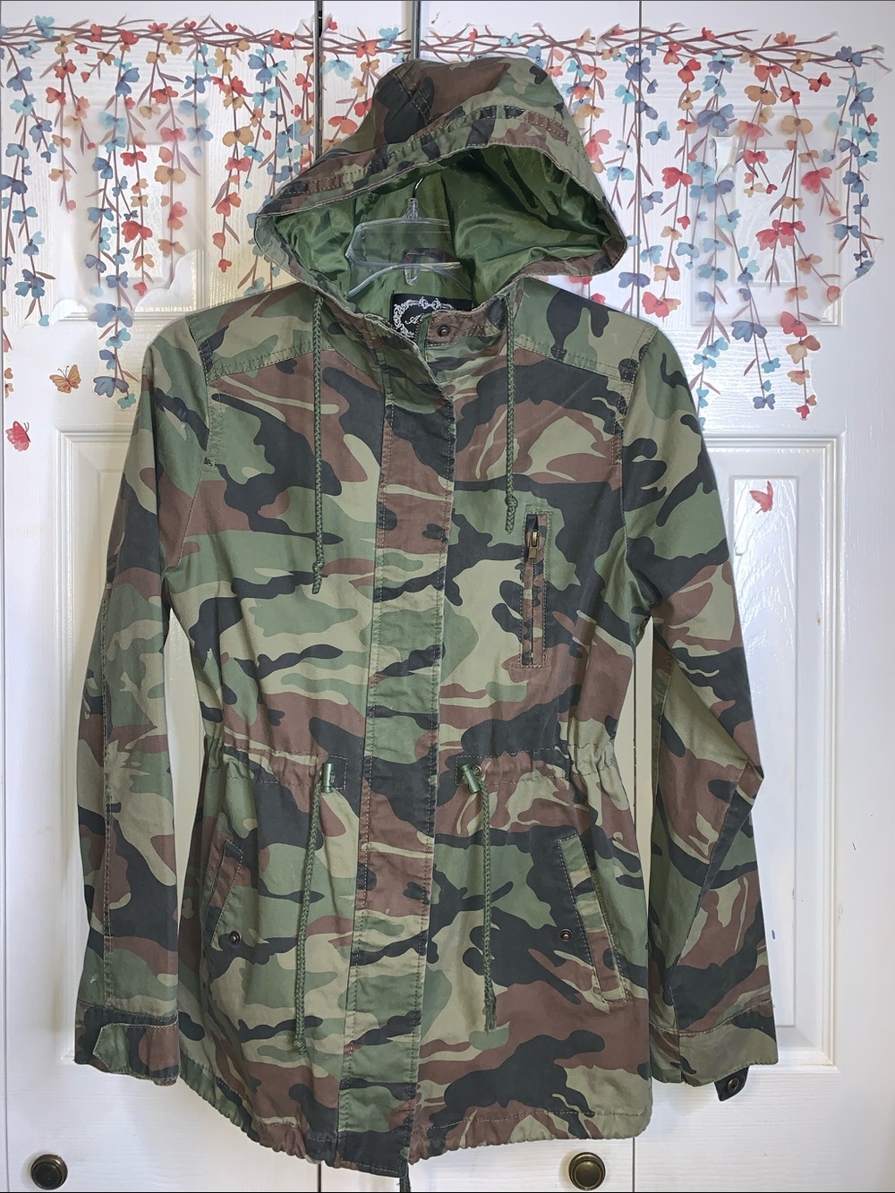 Ambiance Women's Camouflage Hooded Utility Jacket - Green/Brown